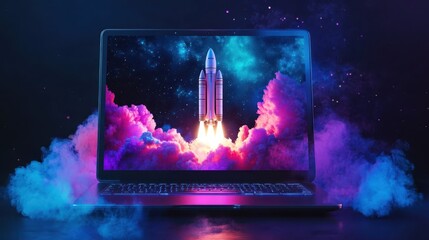 Poster - A rocket launch depiction on a laptop screen showing the cosmos