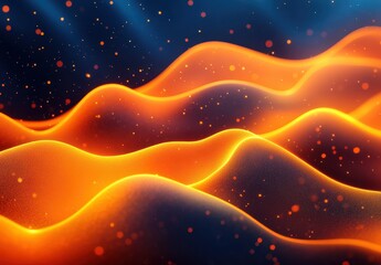 Fototapete - Abstract wave pattern with glowing orange light and sparkles on dark background, representing energy and movement in a digital environment