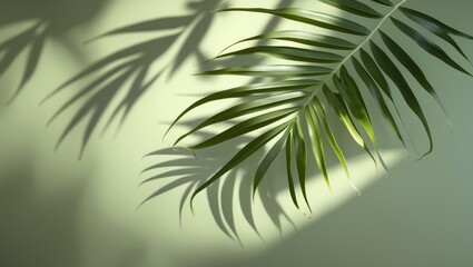 Poster - Palm leaf shadow on a green wall backdrop. Olive-colored fashionable flat lay featuring trendy shadow and sunlight.