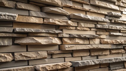 Poster - Stone cladding wall constructed from striped, stacked slabs of natural stone. Exterior paneling.