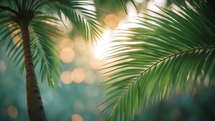 Poster - Copy space of blurred palm leaf tree with bokeh sunlight abstract texture background. Ecology and environment concept. Vintage tone filter effect color style.