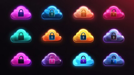 Poster - Vibrant Neon Cloud Security Icons Set Digital Art Graphic Design Elements for Web Application Interface User Interface Modern Technology Secure Data  