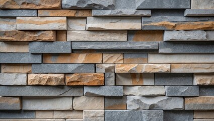 Poster - Stone cladding wall composed of striped stacked slabs of gray and brown stones. Panels for exterior use. Background and texture features.