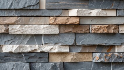 Poster - Stone wall cladding composed of stacked horizontal gray, brown, and white rock strips. Background and texture.