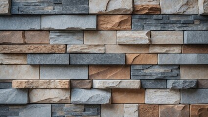 Poster - Stone cladding wall composed of striped stacked slabs featuring gray and brown rocks. Panels designed for exterior use. Background and texture.