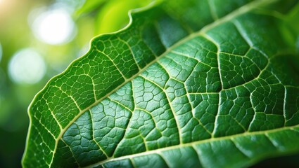 Poster - Close-up macro texture of a fresh green leaf, abstract nature backdrop, showcasing natural line patterns and highlighting the sustainability ecological concept.