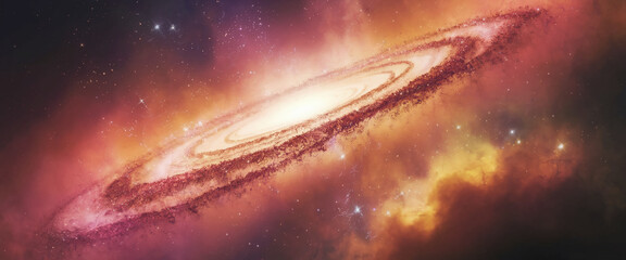 Fototapete - Spiral galaxy image, orange and red hues, swirling cosmic dust and gas, depicting vastness and mystery of space, ideal for science or fantasy themes