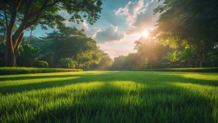 Poster - Panorama of a tropical garden with green grass, illuminated by sunlight.