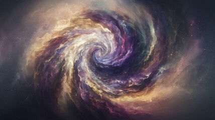 Fototapete - Swirling cosmic nebula, purple, gold, and blue hues create a dynamic, ethereal pattern symbolizing infinity, mystery, and the vastness of space, ideal for abstract design
