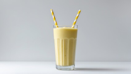 Poster - Glass containing banana smoothie against a white background.