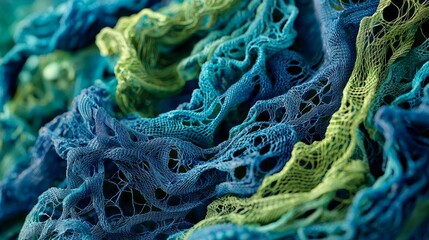 Extreme closeup of tangled blue and green nets, with visible frayed fibers and detailed rope twists creating a rugged texture