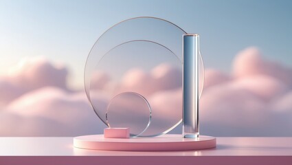 Poster - Front view of a clear podium with an empty area in a cloudy sky backdrop, abstract content.