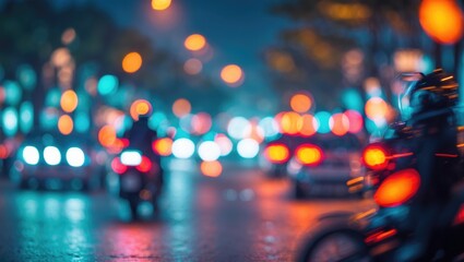 Poster - A hazy image of a street at night featuring lights from cars and motorcycles. The scene is bustling and chaotic, with the vehicle lights generating a sense of movement and energy.