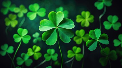 Poster - Isolated green clover leaf on a dark background with three-leaved shamrocks.