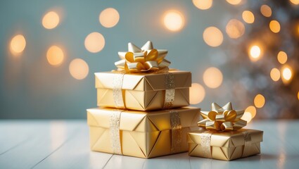 Fototapete - Golden gift boxes on a white table with blurred lights in the background, providing space for text.