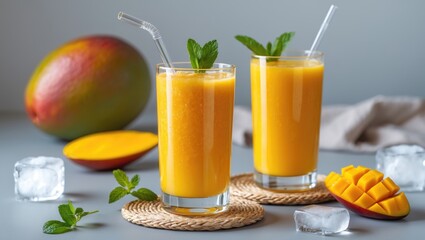 Poster - Fresh, delicious mango juice design concept. Close-up of a smoothie cold drink in a glass cup with a straw on a gray table background.