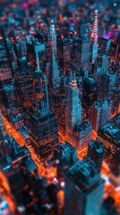 Poster - Aerial view of a vibrant city skyline at night, showcasing illuminated skyscrapers and bustling streets, with a blend of colors creating a dynamic atmosphere