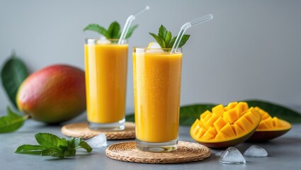 Poster - Fresh beautiful delicious mango juice. Close-up design concept of cold smoothie drink in a glass cup with a straw on a gray table background.