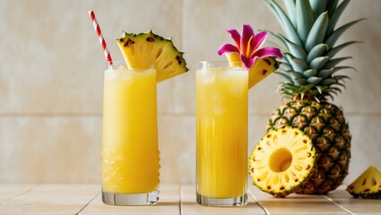 Aufkleber - Glasses of fresh pineapple juice decorated with flowers on a tiled table next to a wall.
