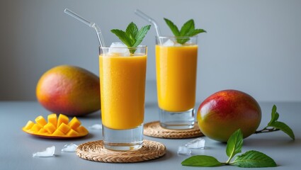 Poster - Fresh beautiful delicious mango juice. Close-up design concept of cold smoothie drink in a glass cup with a straw on a gray table backdrop.