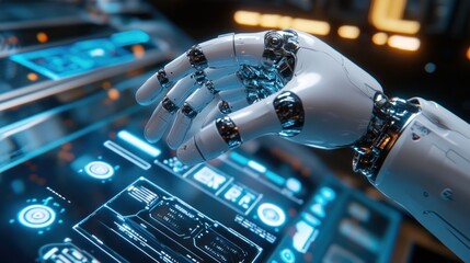 Poster - A futuristic robotic hand interacts with a high-tech control panel, showcasing advanced technology and digital interface elements in a sleek environment
