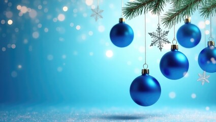 Poster - Christmas tree bauble and hanging snowflake on a glittery blue background featuring bokeh light. Festive winter holiday ornament and decoration. Modern design with space for text.