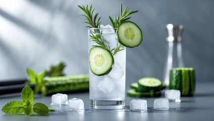 Poster - Gin tonic with cucumber, cocktail drink featuring dry gin, rosemary, tonic, fresh cucumber, and ice cubes. Gray background, bar tools, available space.