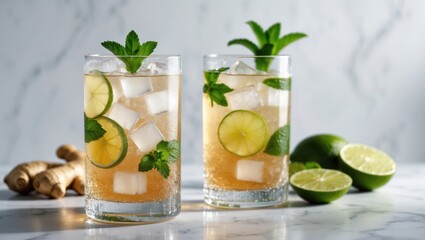 Poster - Glasses of refreshing ginger ale with ice cubes and ingredients on a white marble surface