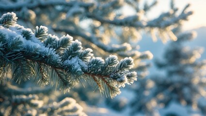 Poster - Snow-Draped Pine Tree Branches in Winter Sunlight - Natural Scenic Beauty