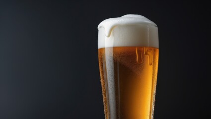 Poster - Tall glass filled with amber lager beer, topped with a creamy white head against a dark studio backdrop. Concept of alcoholic beverages, summer, traditions.