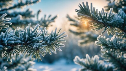 Poster - Snow-Covered Pine Tree Branches Under Winter Sunlight - Natural Scenic Beauty
