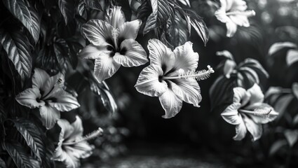 Fototapete - Hibiscus flower with leaves hanging and depicted in monochrome tones. Art, natural beauty, and nature concept.