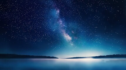 Wall Mural - a stunning depiction of a star-studded night sky spilling over a serene lake, surrounded by lush tre