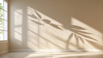 Poster - Wall interior backdrop, studio, and display area for products featuring leaf shadow from window in beige and white. Background suitable for text insertion and product presentation.