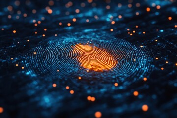 Poster - abstract representation of a fingerprint in vibrant blue and orange hues, surrounded by glowing part