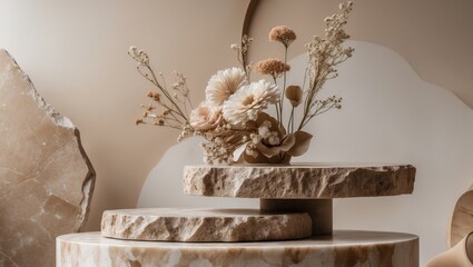 Poster - Luxury brown stone marble pedestal podium arrangement with dried flowers in the background. Elegant display for product showcases and sophisticated designs for skin care and cosmetic exhibitions.