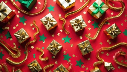 Aufkleber - Golden gift boxes and confetti on a colored background, viewed from above.