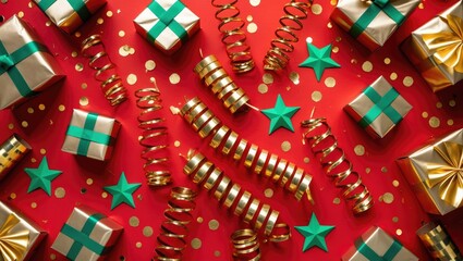 Aufkleber - Golden gift boxes and confetti on a colorful background, overhead view.