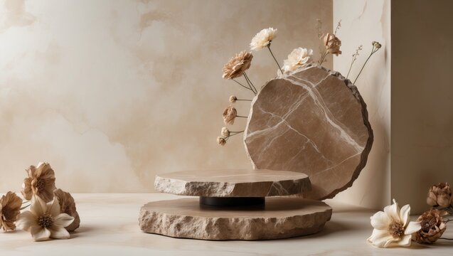 Luxury brown stone marble pedestal podium decoration with dried flowers set against a background. Elegant backdrop for product showcases and sophisticated designs in skin care and cosmetic exhibiti...
