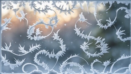 Poster - Frost designs on glass. Festive bokeh backdrop.