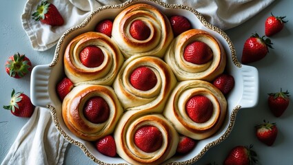 Poster - Homemade bun rolls with strawberries in a baking dish on a gray surface.