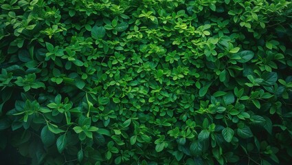 Poster - Lush green shrub hedge with fresh leaves creating a textured background. Close-up horizontal photo of vibrant vegetation.