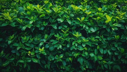 Poster - Lush green shrub hedge, vibrant green leaves for textured background. Close-up of vegetation, horizontal image.