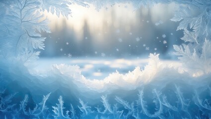 Poster - Frozen pattern on a winter window. Blue ice winter backdrop, texture blue wallpaper. Frozen blue backdrop.