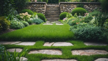 Aufkleber - Garden stone pathway with grass growing between the stones. Detail of a botanical garden.