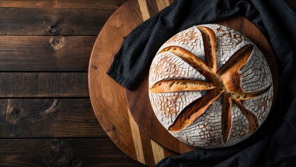 Poster - Homemade baked bread on a wooden surface. Top view flat lay with space for text.