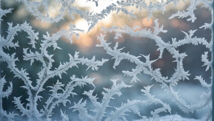 Poster - Frost designs on glass. Festive bokeh background.