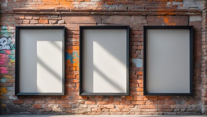 Poster - Old brick wall featuring three empty vertical long poster frames. Mockup.
