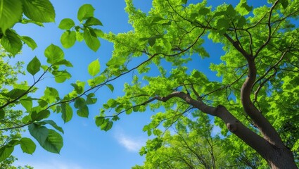 Poster - Green tree leaves against a white background in a garden with a clear sky. Fresh air along with nature and ozone, springtime.