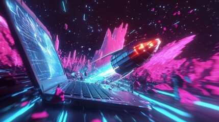 Fototapete - A spaceship travels through a digital space emanating from the computer